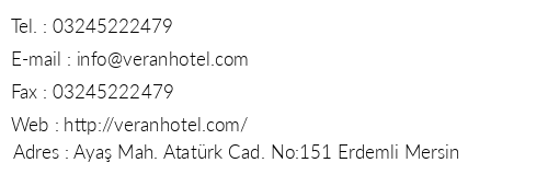 Veran Hotel telefon numaralar, faks, e-mail, posta adresi ve iletiim bilgileri